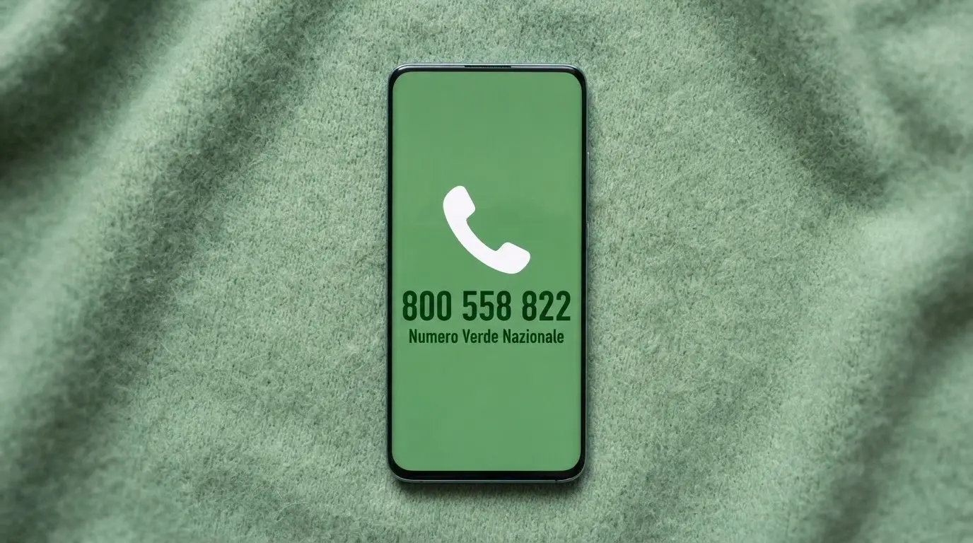 Un telefono con la cornetta sollevata e il numero 800 558 822 ben visibile, su sfondo verde speranza