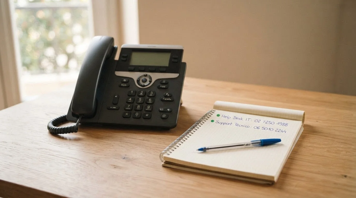 Un telefono fisso su una scrivania accanto a un blocco note con i numeri verdi scritti: 800 55 88 22 e 800 94 07 89