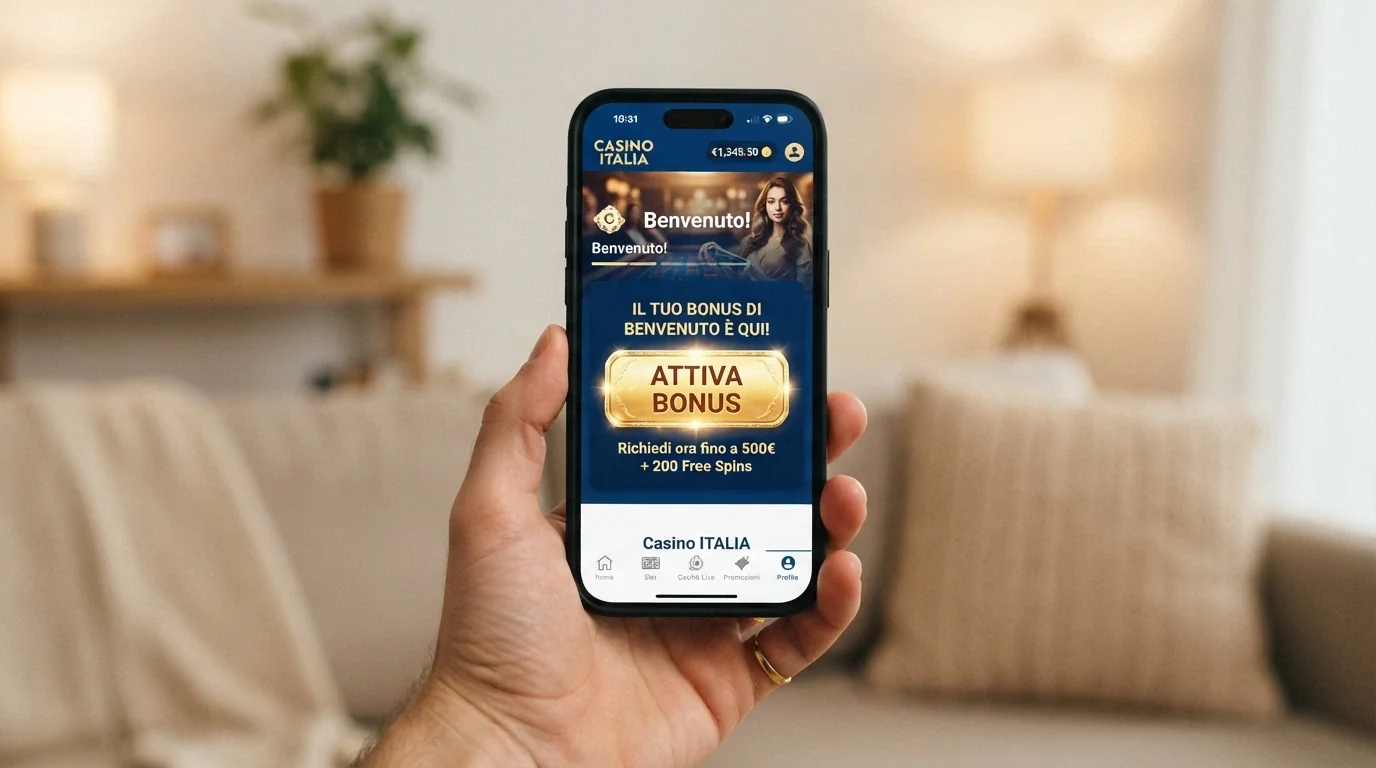 Smartphone con l'interfaccia di un casinò ADM in app, dito che tocca il pulsante «Attiva Bonus»