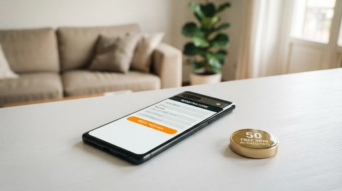 Uno smartphone con l'interfaccia di registrazione SPID di un casinò ADM e accanto l'icona dell'app con la notifica «50 free spin accreditati»