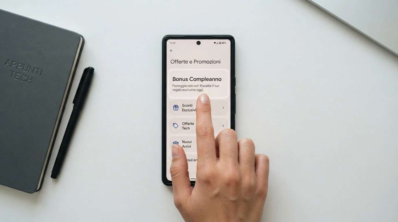 Lo schermo di uno smartphone che mostra la sezione «promozioni» di un conto gioco online con una notifica di bonus compleanno