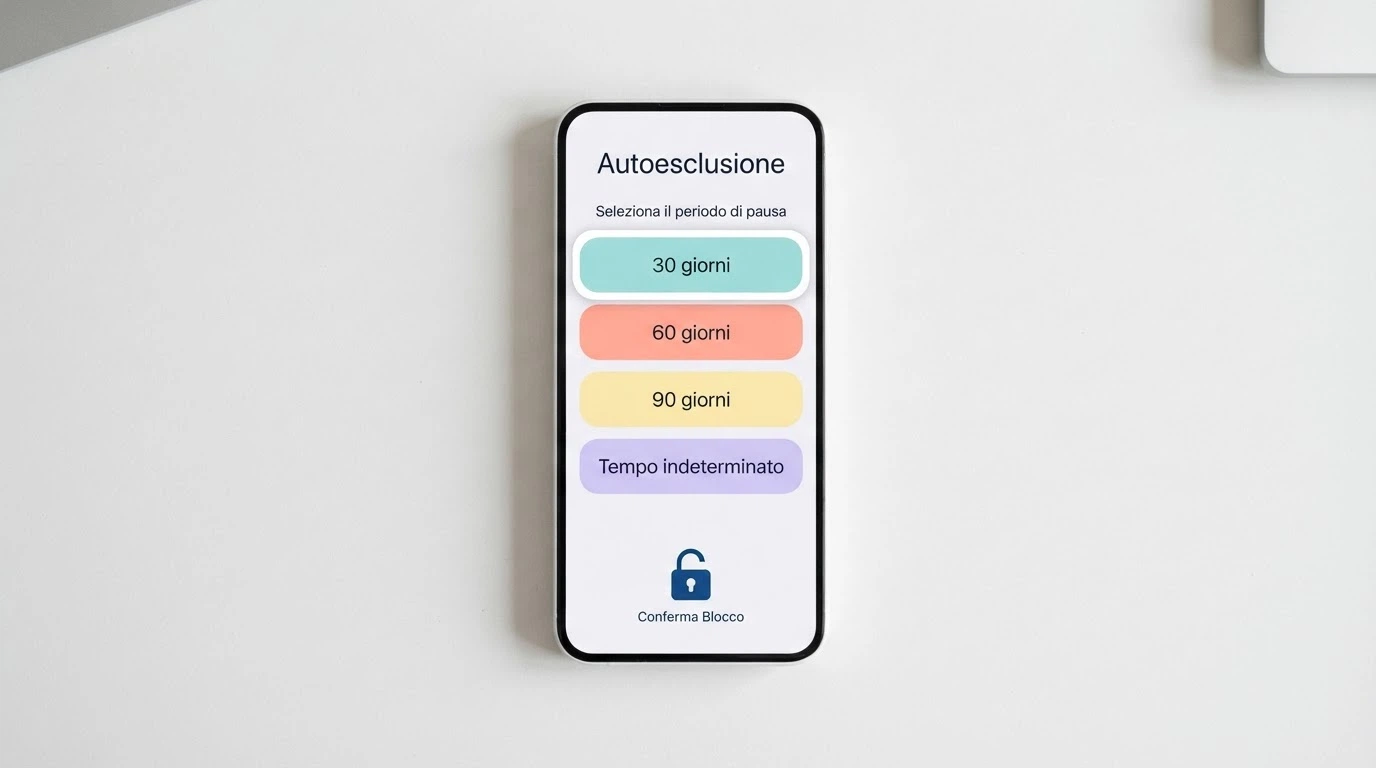 Un'interfaccia semplificata di autoesclusione con le opzioni di durata (30, 60, 90 giorni, indeterminato) e un lucchetto che si chiude