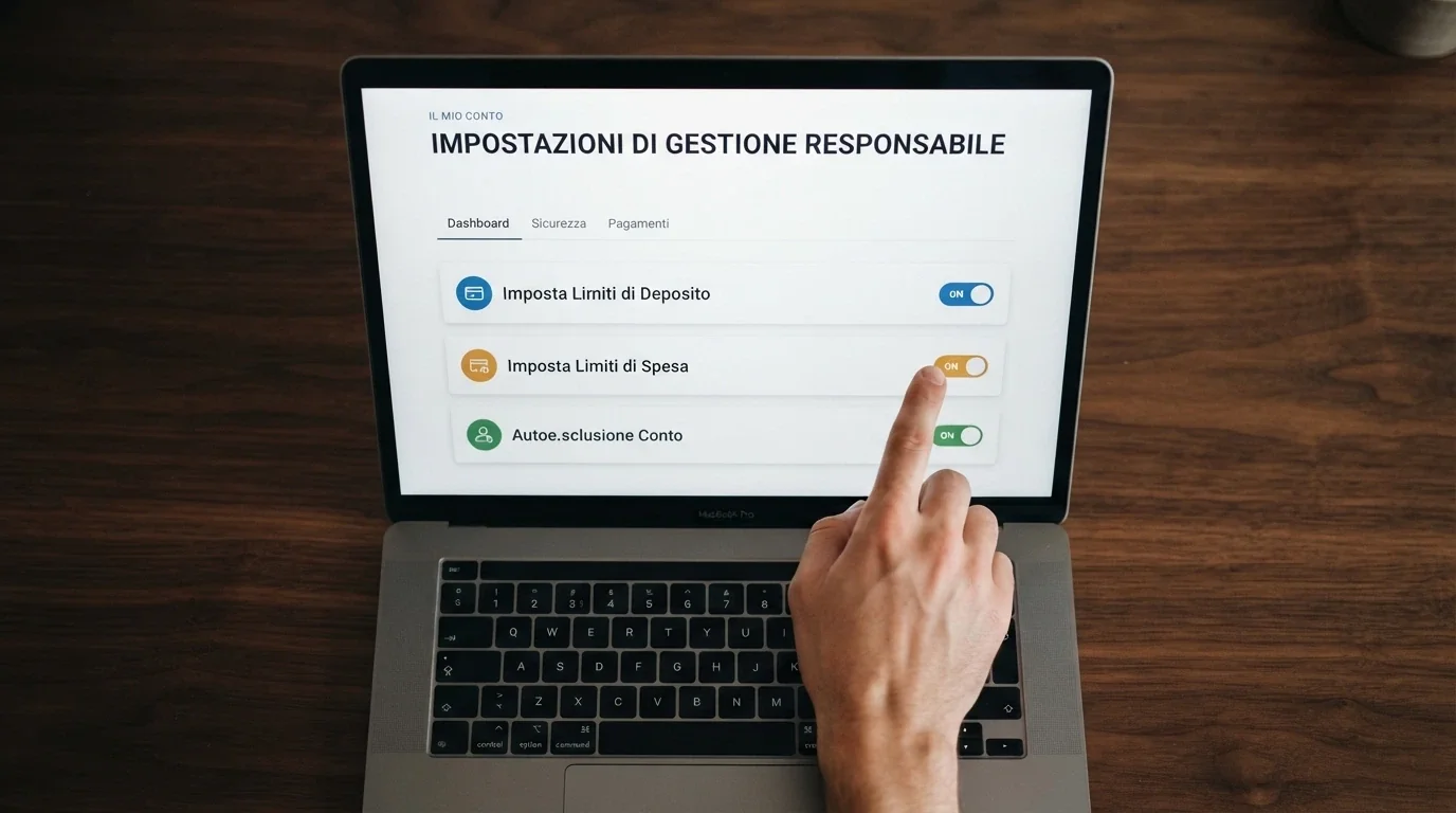 Una schermata dell'area personale di un casinò ADM con i controlli visibili: limita deposito, limita spesa, autoesclusione, con un interruttore accanto a ciascuna voce