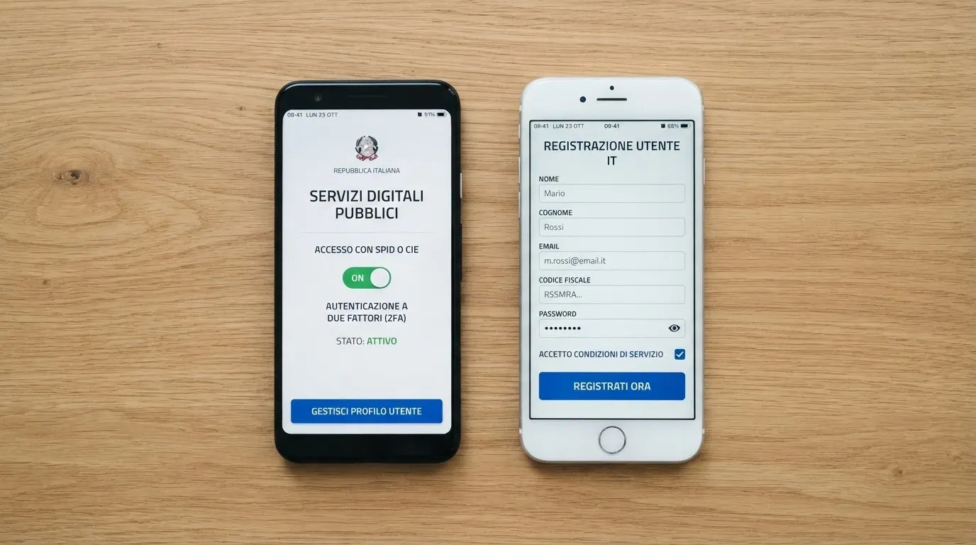 Un telefono con la schermata del portale RUA ADM da un lato e un sito offshore con registrazione aperta dall'altro — il contrasto delle tutele