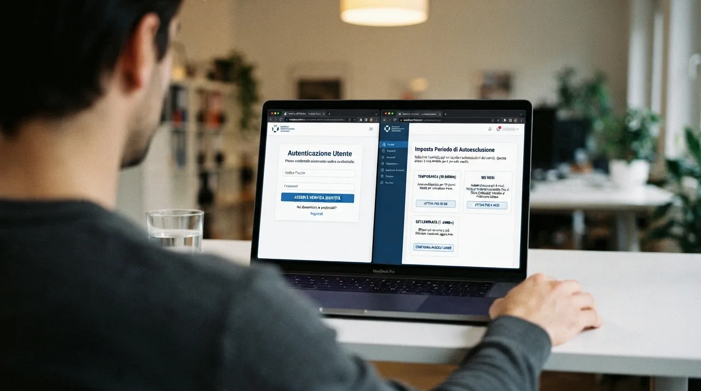 Lo schermo di un computer con la pagina di accesso SPID e la schermata del portale RUA dell'ADM aperta in una seconda finestra, con le opzioni di autoesclusione visibili