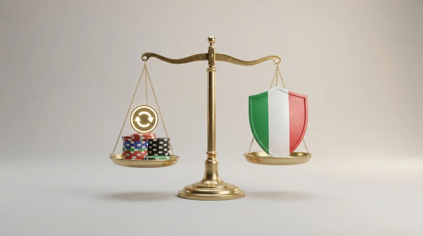Una bilancia a due piatti: su uno, un mucchio di monete e il simbolo dei free spin; sull'altro, uno scudo con la bandiera italiana e la scritta ADM — il piatto delle monete è visibilmente più pesante