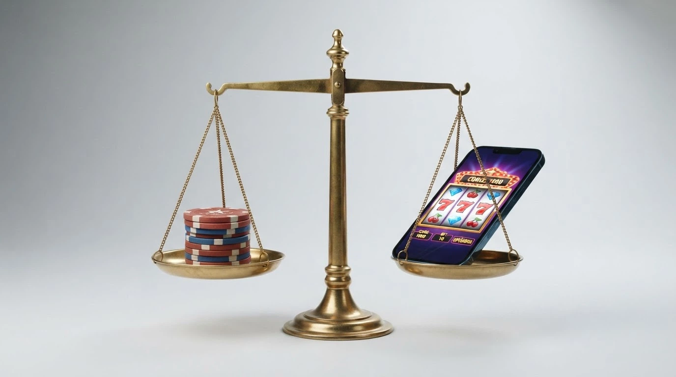 Una bilancia a due piatti: su un piatto una pila di monete da €5-10, sull'altro uno smartphone con slot machine, stile illustrazione editoriale