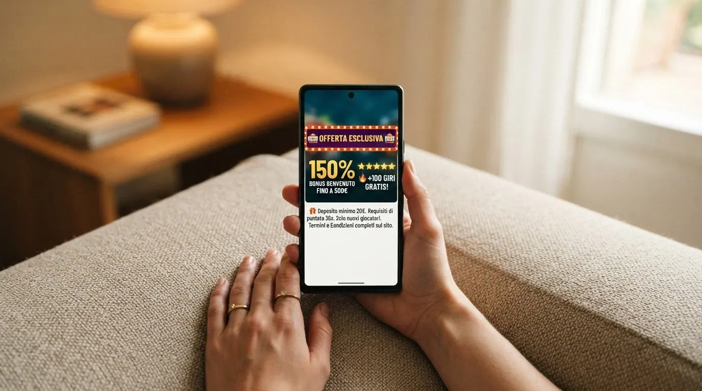 La schermata promozionale di un casinò online con l'offerta di un bonus di benvenuto, i giri gratis e i termini in caratteri piccoli