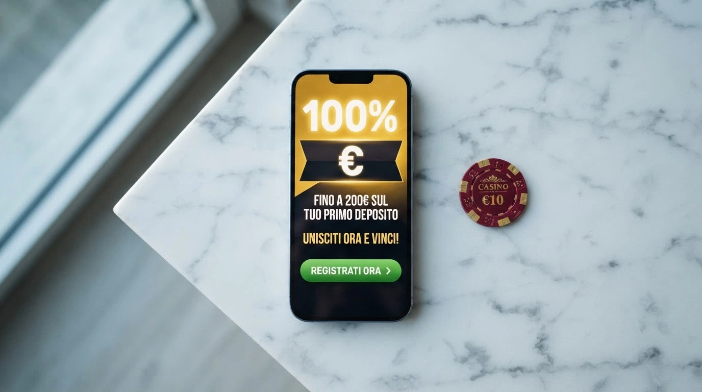 Schermata di un bonus di benvenuto con percentuale di match, importo massimo e tasto «Attiva»