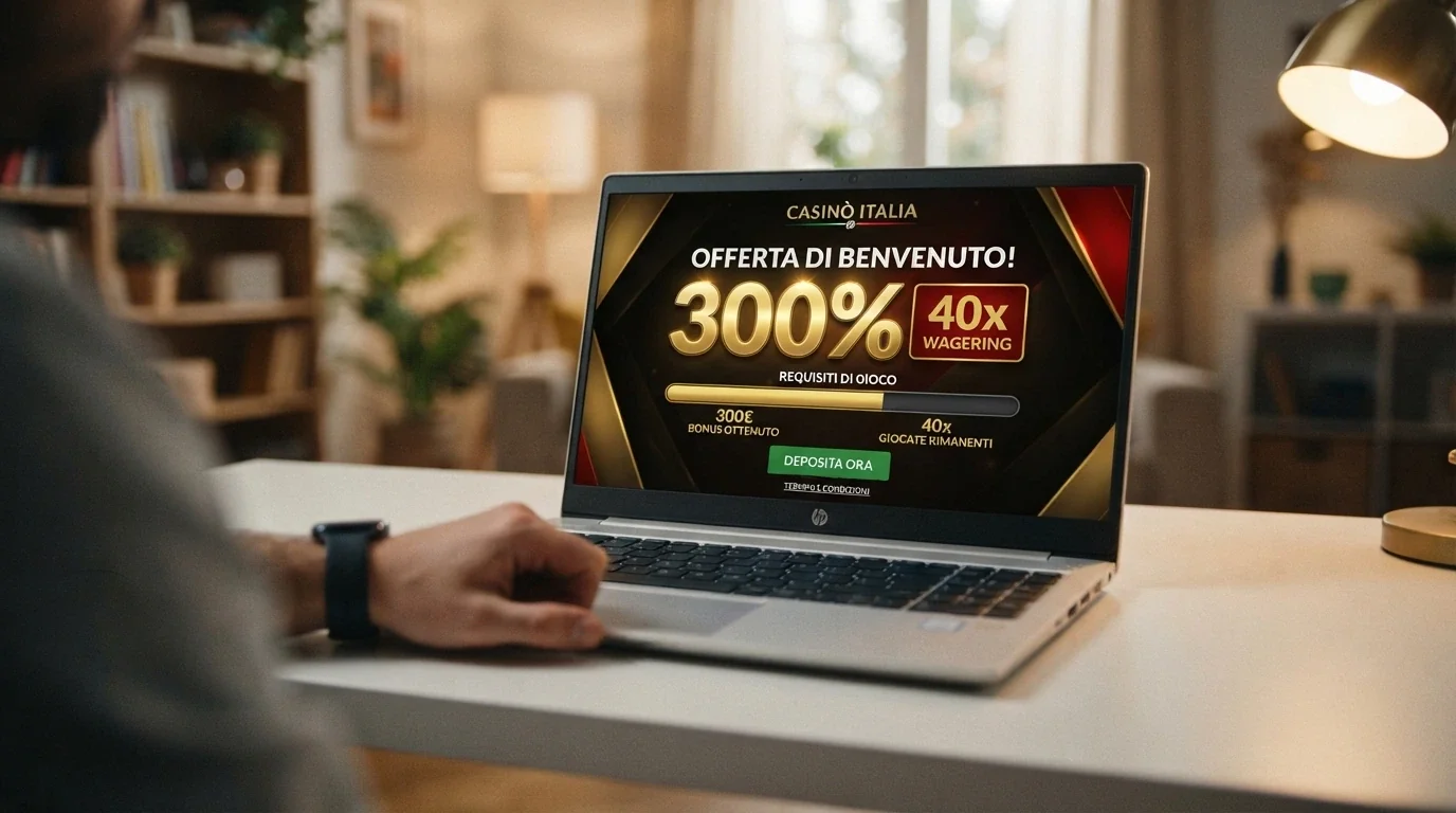Un pannello promozionale di benvenuto di un casinò crypto con la percentuale di match e il requisito di scommessa in evidenza