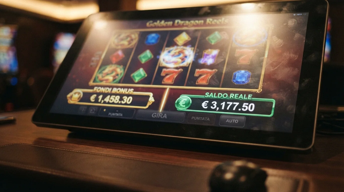 Un primo piano di una slot BTG con un contatore del saldo bonus separato dal saldo reale, per illustrare il vincolo del wagering.