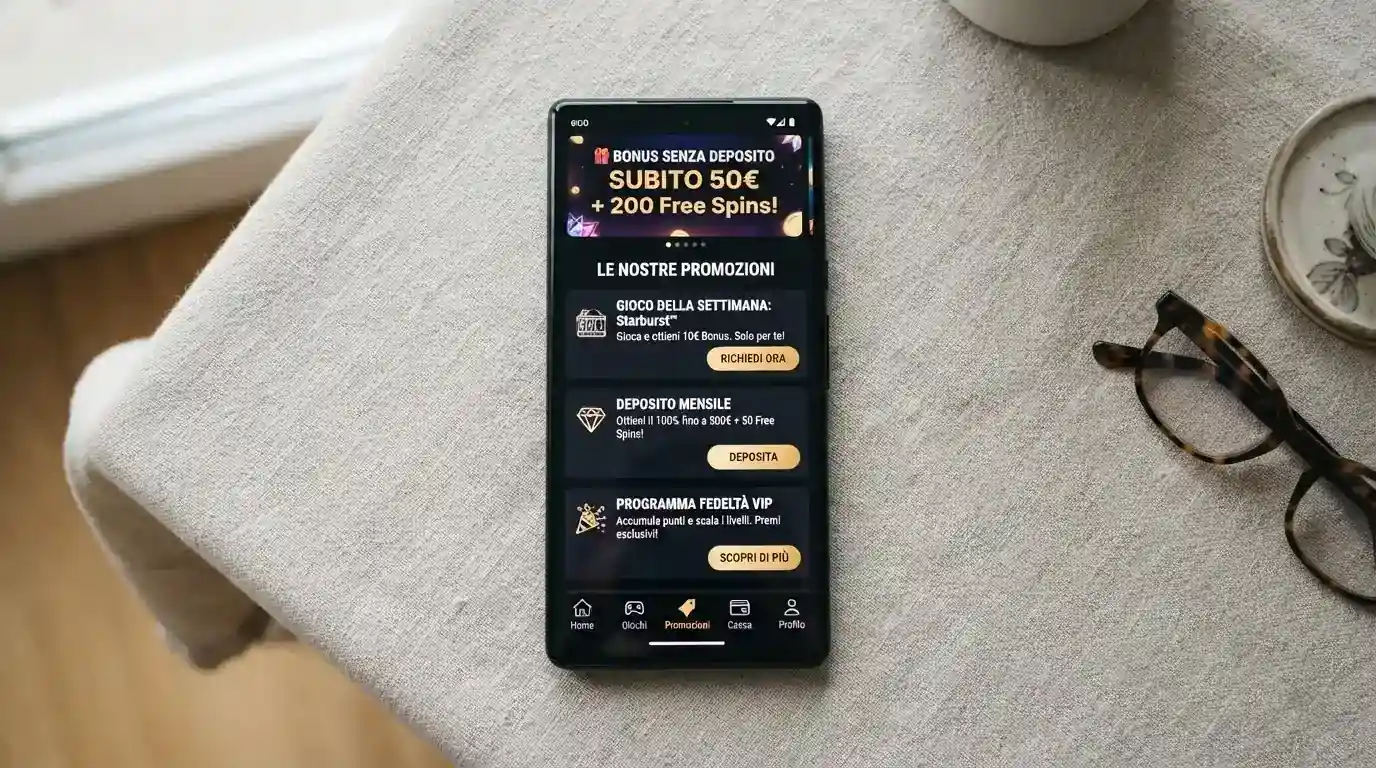 Smartphone con l'app di un casinò ADM aperta sulla pagina promozioni: in evidenza il banner del bonus senza deposito