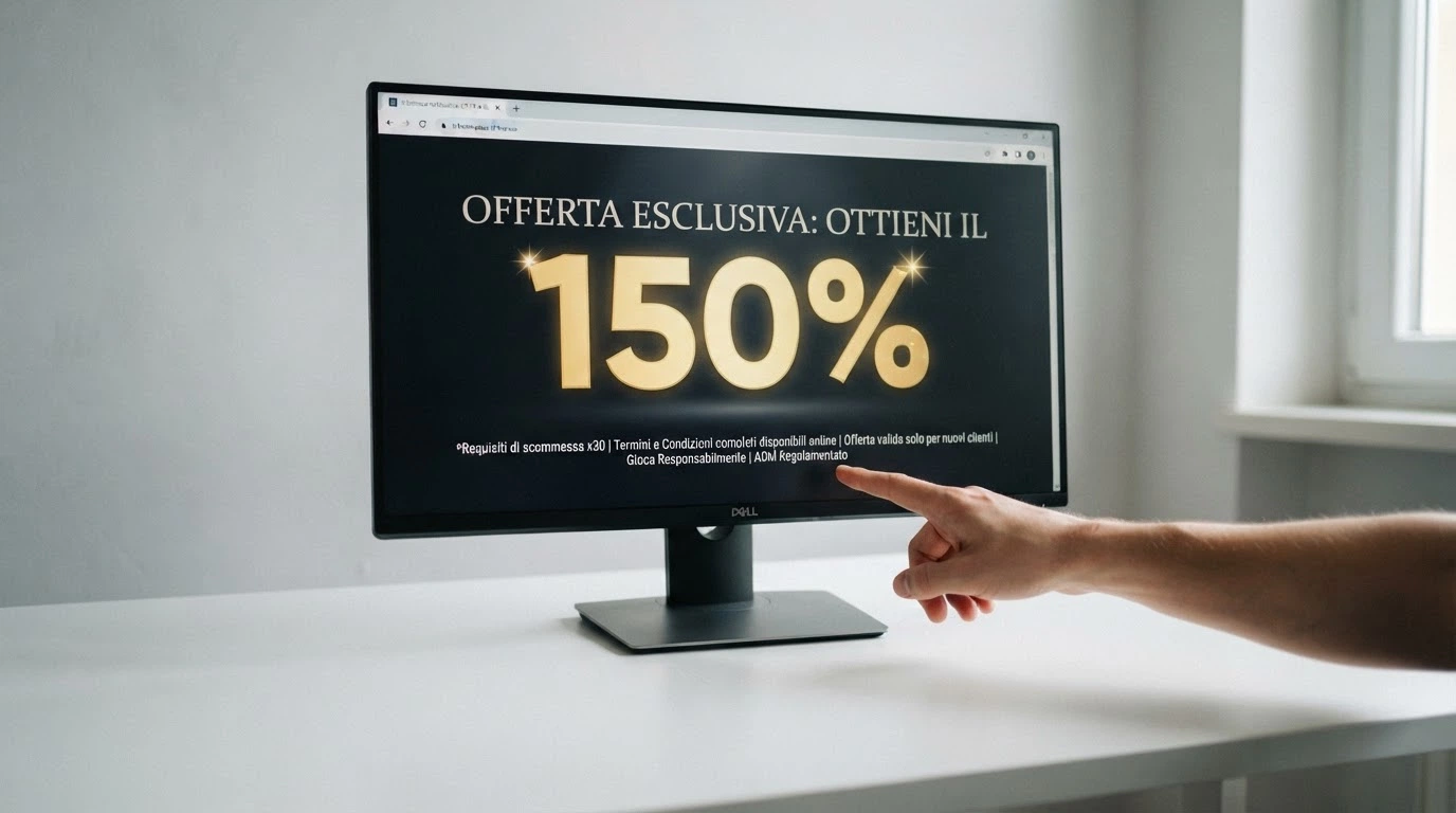 Un primo piano di un pannello promozionale di un casinò crypto con la percentuale del bonus in grande evidenza e il requisito di puntata in caratteri molto più piccoli sotto