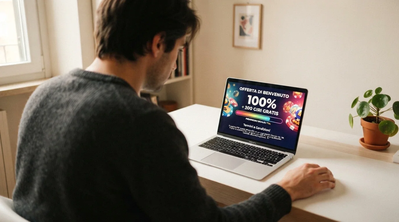 Schermata di un bonus di benvenuto crypto con l'importo del bonus in primo piano e il requisito di scommessa 40x evidenziato in piccolo nelle condizioni in fondo alla pagina