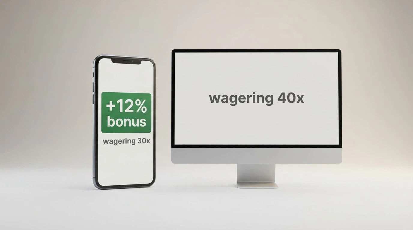 Uno smartphone e un desktop affiancati: sopra lo smartphone la scritta «+12% bonus» e «wagering 30x», sopra il desktop «wagering 40x»