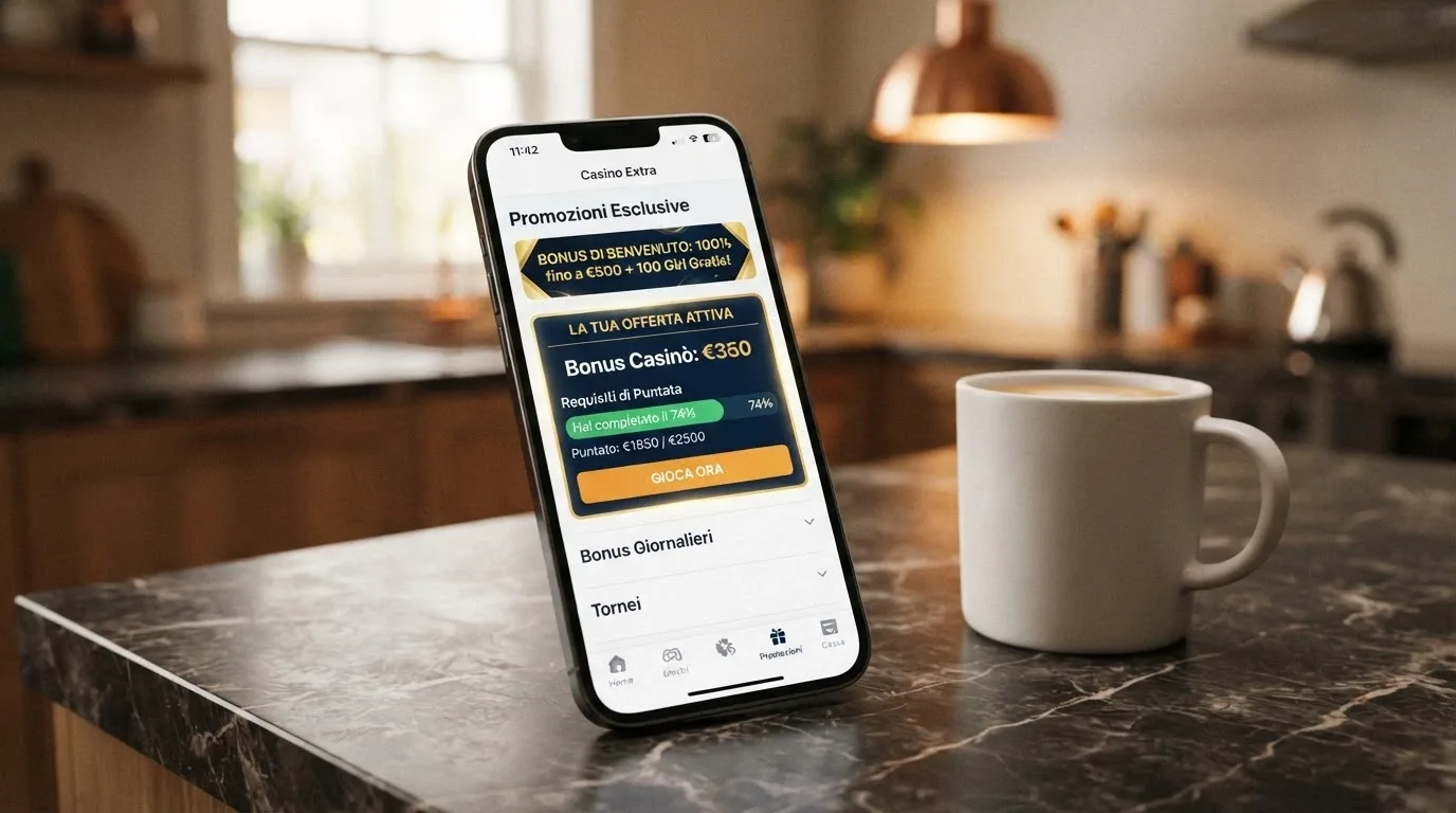 Una schermata di un'app casinò che mostra l'area promozioni con un bonus senza deposito attivo e il relativo saldo bonus