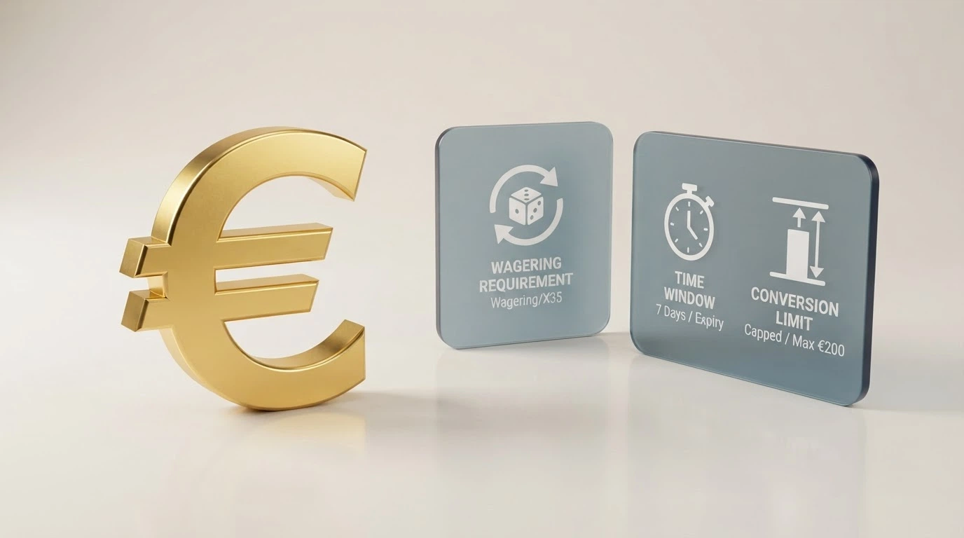 Un bonus senza deposito visualizzato con l'importo nominale in grande e, accanto, i requisiti di wagering e la finestra temporale in piccolo — il contrasto visivo racconta la storia