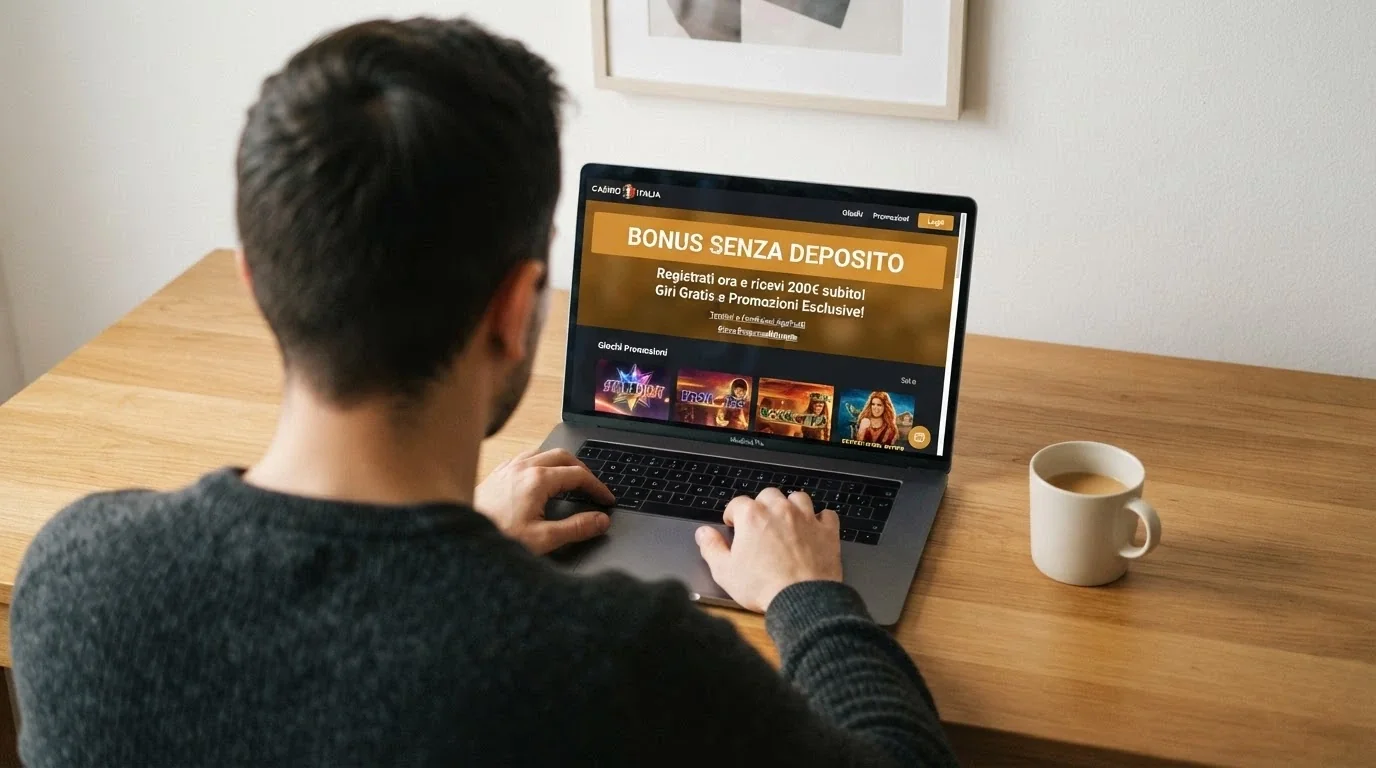 Un nuovo giocatore davanti al laptop, con lo schermo che mostra la pagina promozionale di un casino ADM e la sezione «bonus senza deposito» evidenziata
