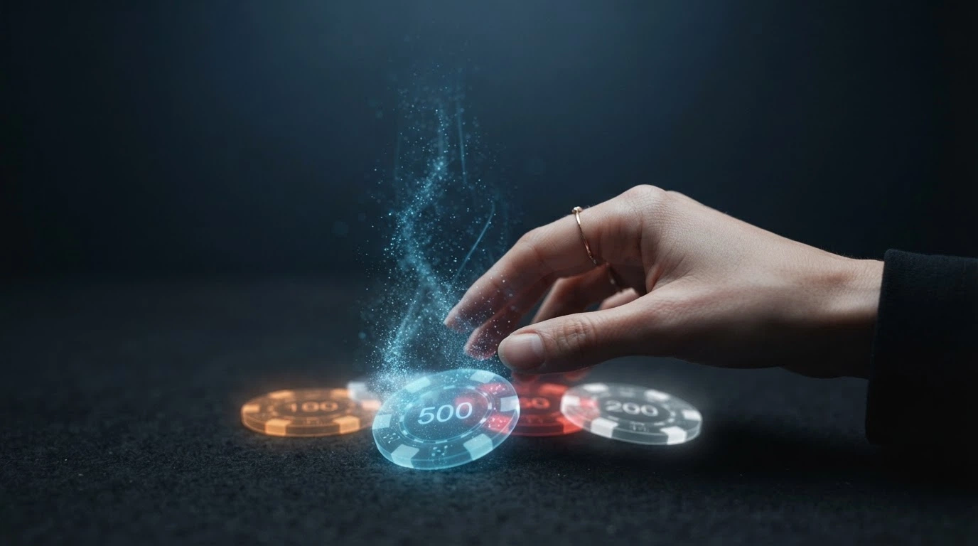Una mano che cerca di afferrare una pila di monete sospese in aria, ma le monete sono ologrammi che si dissolvono al tocco — sullo sfondo un lucchetto aperto