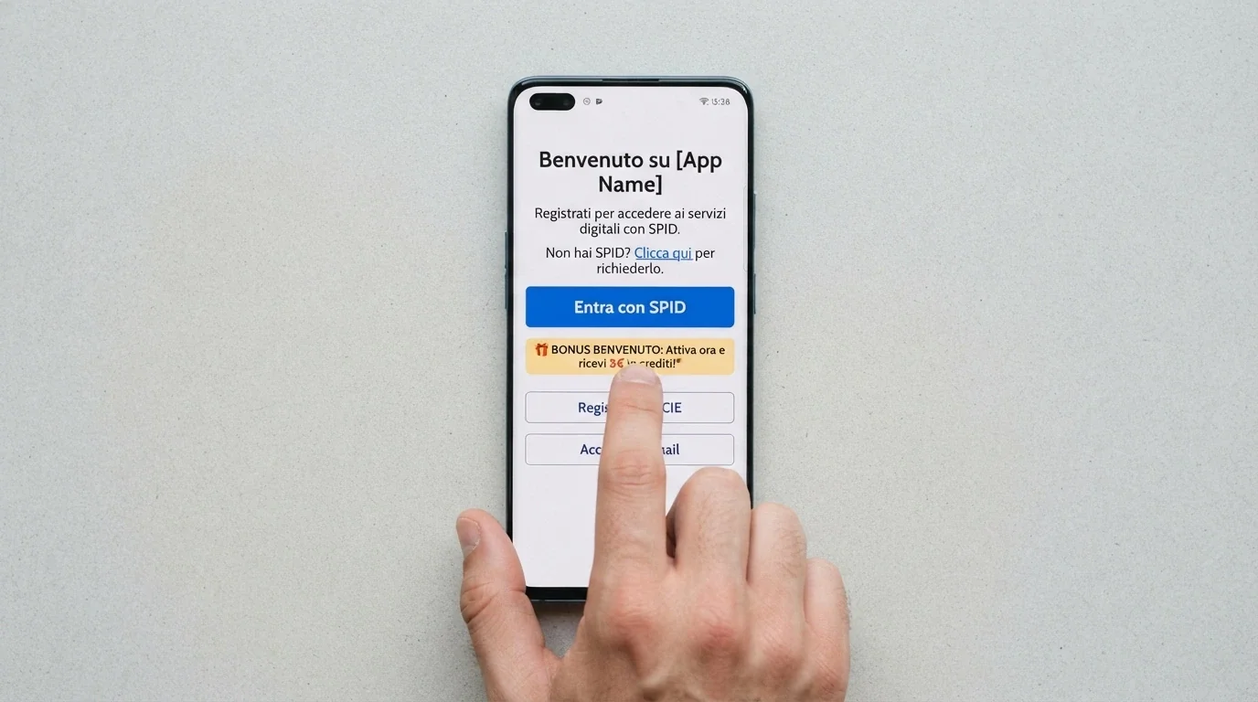 Una schermata di registrazione di un casinò ADM con il pulsante «Entra con SPID» evidenziato e l'indicazione del bonus senza deposito in evidenza