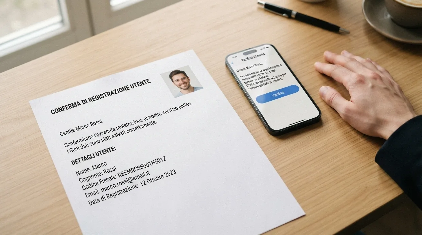 Un primo piano di un documento d'identità italiano (carta d'identità) accanto a uno smartphone aperto su una schermata di registrazione casinò