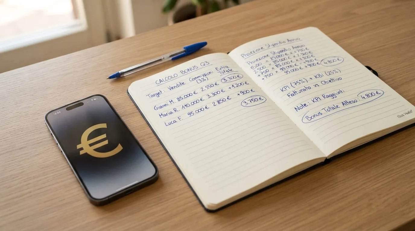 Una calcolatrice accanto a un telefono che mostra una schermata di bonus casinò con un importo in euro evidenziato, su uno sfondo da scrivania ordinata