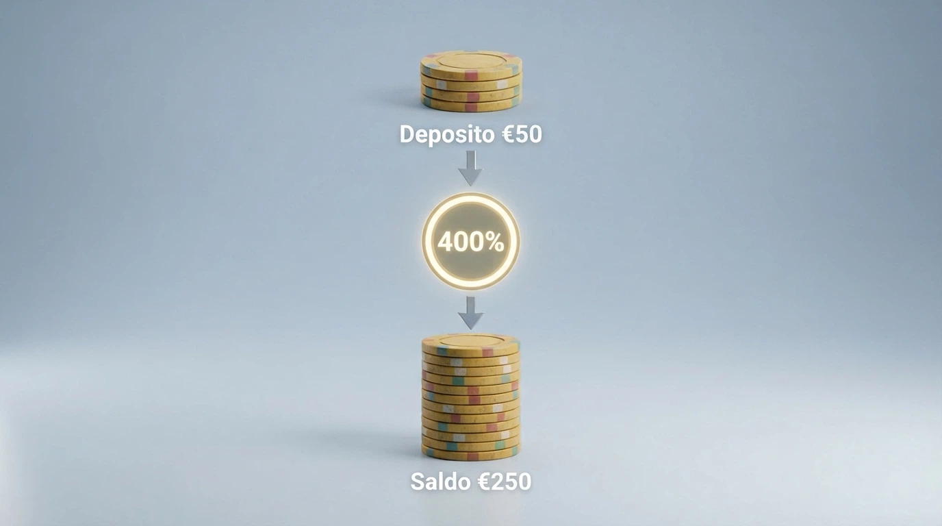 Schema che illustra il calcolo di un bonus di corrispondenza: deposito, percentuale di match e saldo bonus risultante