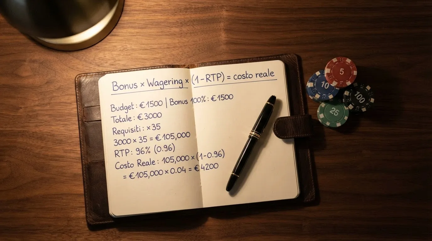 Una calcolatrice su un tavolo accanto a una pila di fiches, con una formula semplificata sovraimpressa: «Bonus × Wagering × (1−RTP) = costo reale»