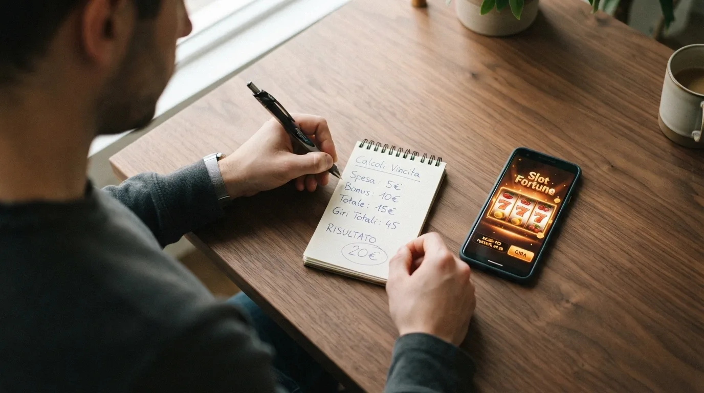 Un primo piano di una calcolatrice accanto allo schermo di un casinò online, con il dettaglio dei termini del bonus (rollover, cap, validità) in evidenza