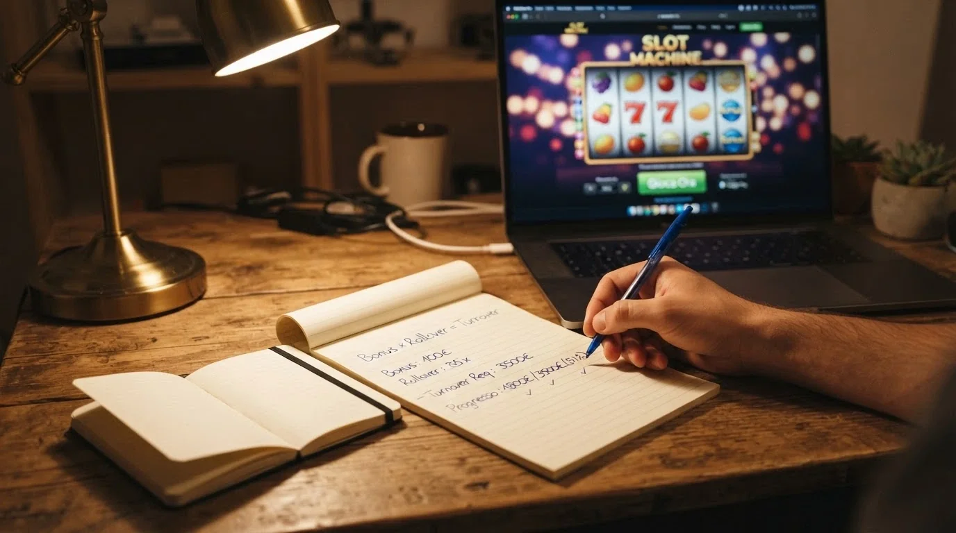 Una calcolatrice accanto a un blocco note con la formula «Bonus × Rollover = Turnover» scritta a mano, su sfondo con schermo di casinò