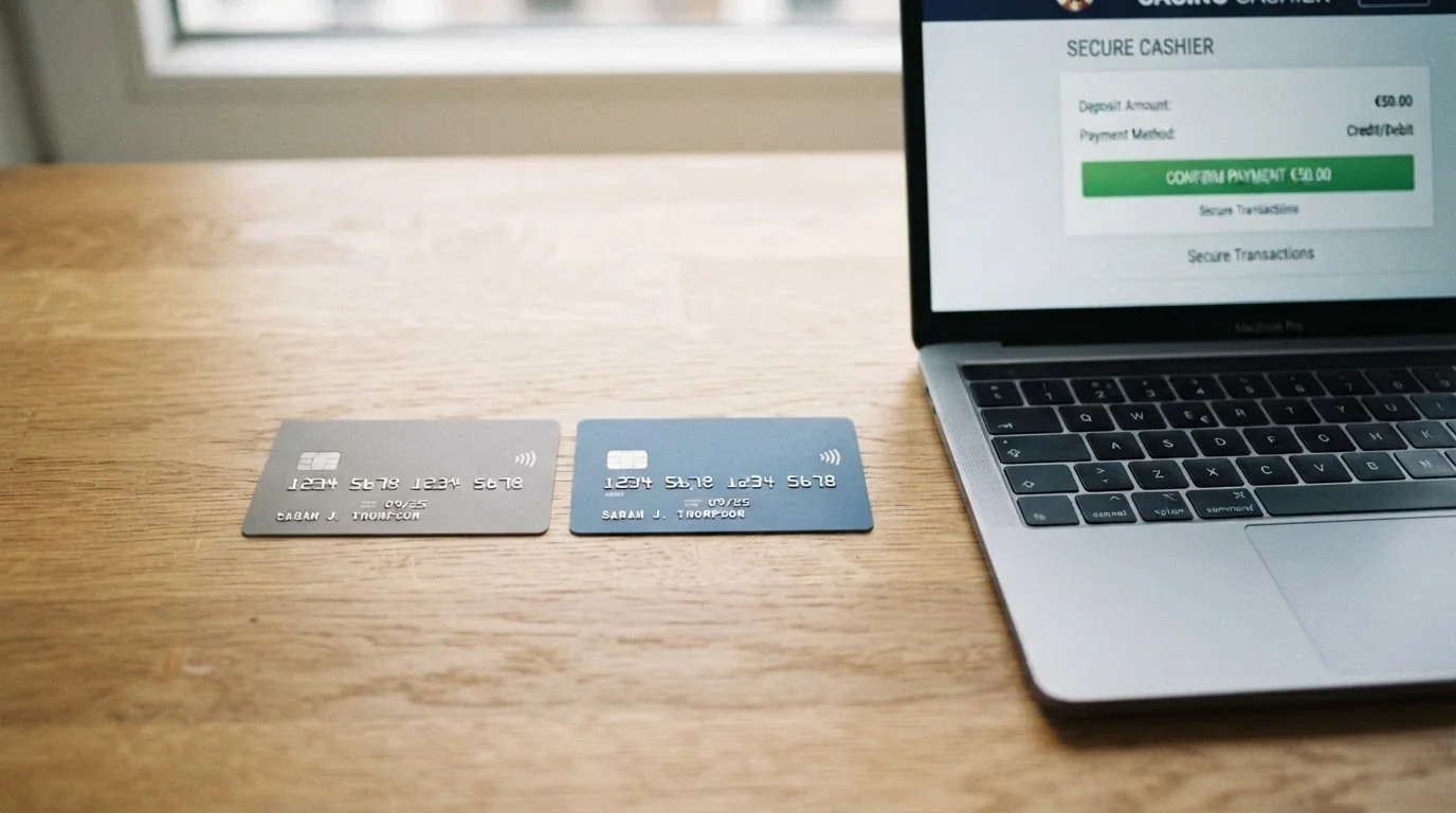 Una carta Visa e una Mastercard appoggiate accanto alla tastiera di un computer che mostra la cassa di un casinò online.