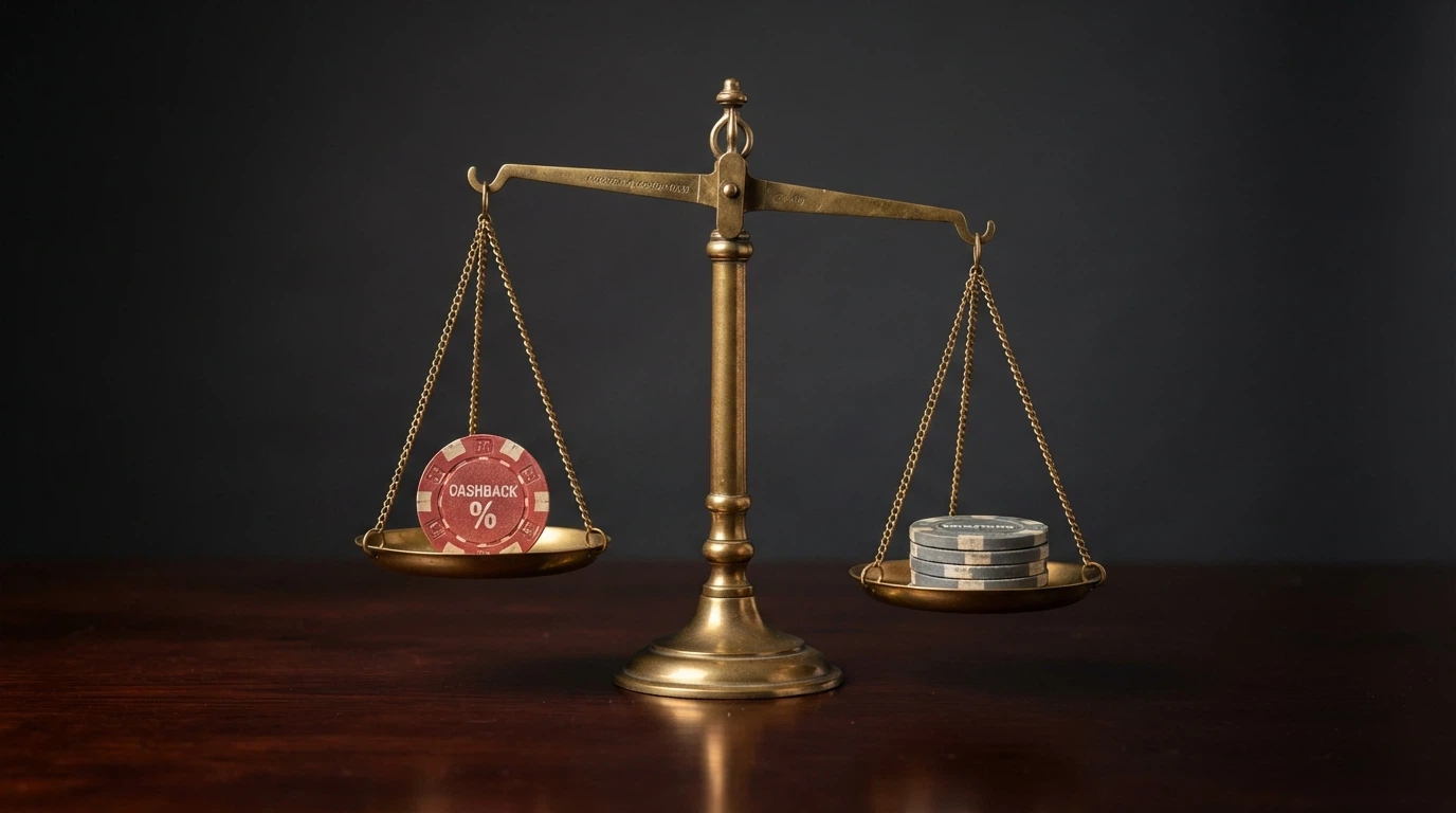 Una bilancia con da un lato la percentuale di cashback e dall'altro il wagering, con il piatto del wagering più pesante
