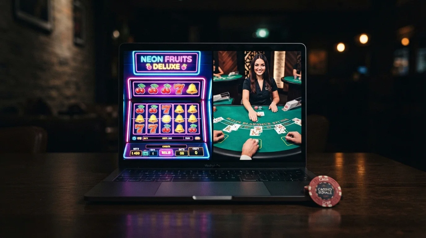 Una schermata divisa a metà: slot machine a sinistra, tavolo da live casino a destra, con percentuali diverse sovraimpresse