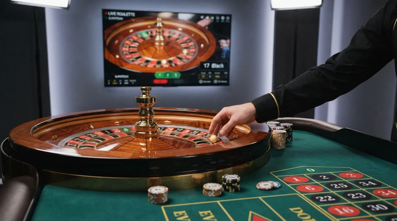 Un tavolo da roulette in primo piano con una mano del croupier che lancia la pallina, sullo sfondo uno schermo che trasmette lo stesso tavolo in streaming HD