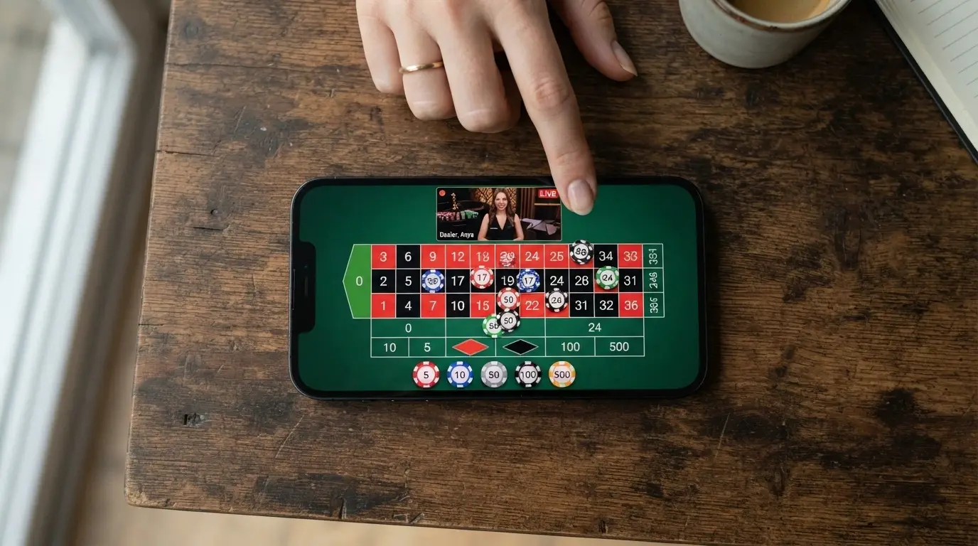 Uno smartphone in mano a un giocatore con l'interfaccia touch di un tavolo live aperta, le fiches digitali e lo streaming del croupier visibile sullo schermo