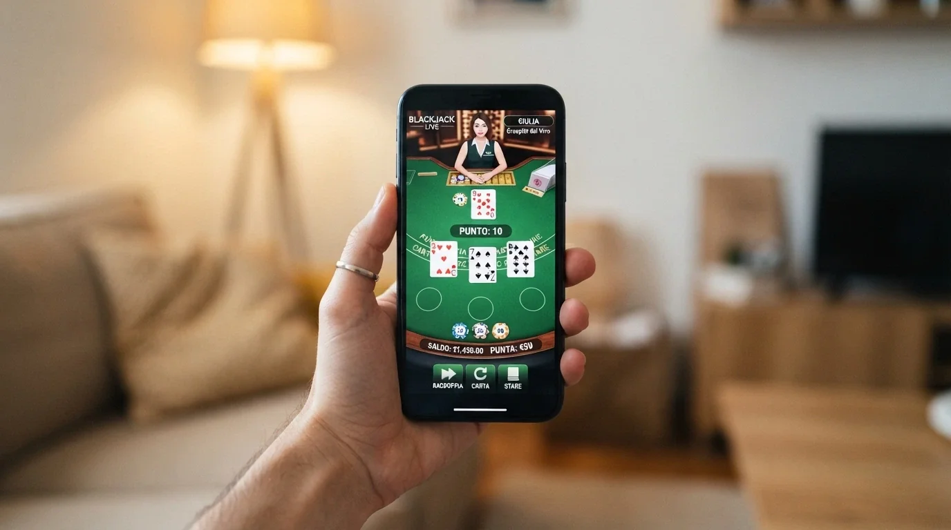 Uno smartphone in mano con un tavolo da blackjack live in streaming sullo schermo, sfondo di un ambiente domestico o in mobilità