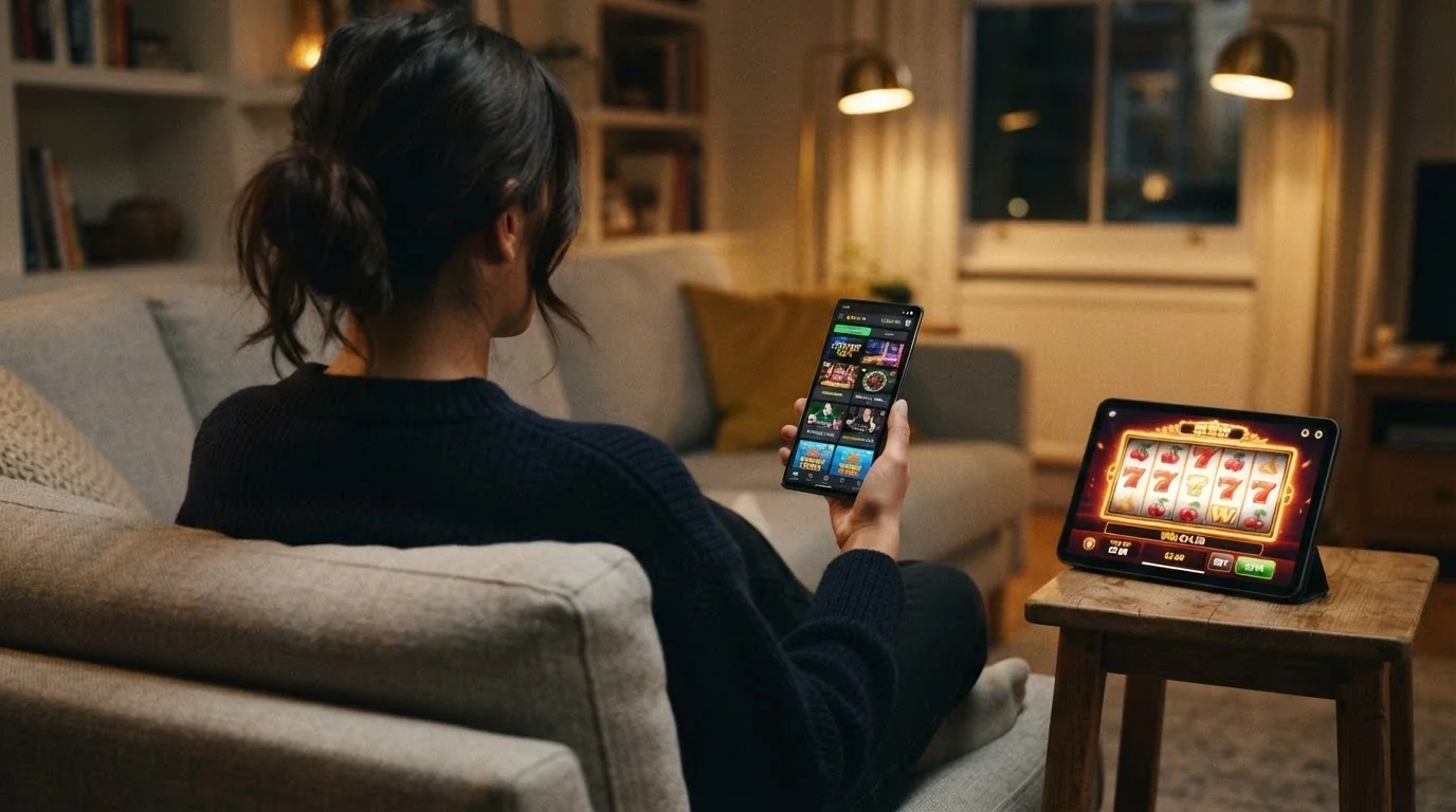Uno smartphone in mano con un'interfaccia di casinò mobile aperta, affiancato da un tablet che mostra la stessa slot in orizzontale