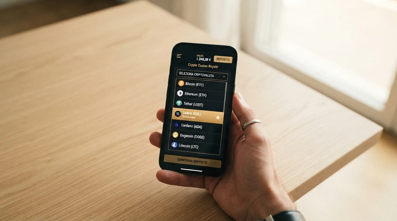 Uno smartphone che mostra l'interfaccia di un casinò online con il selettore di criptovalute aperto e BNB tra le opzioni di pagamento