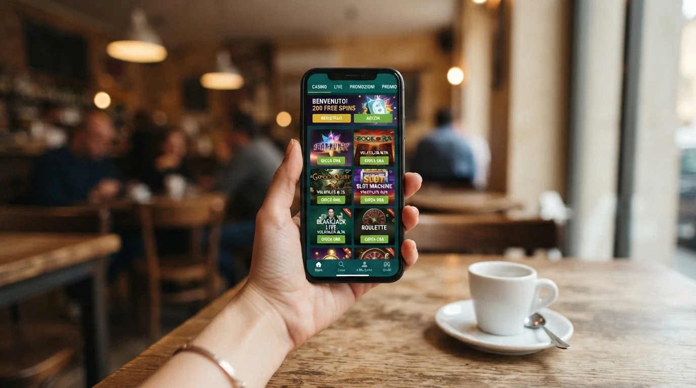 Smartphone in mano con l'interfaccia mobile di un casinò crypto sullo schermo, dito che tocca l'icona di un gioco di slot