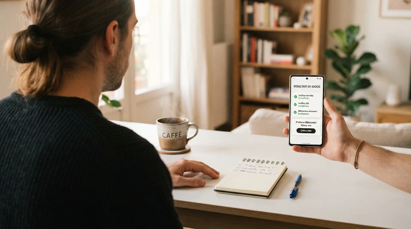 Una checklist su un blocco note accanto a uno smartphone che mostra un casinò online, con una spunta verde su «licenza», «https» e «assistenza italiana»
