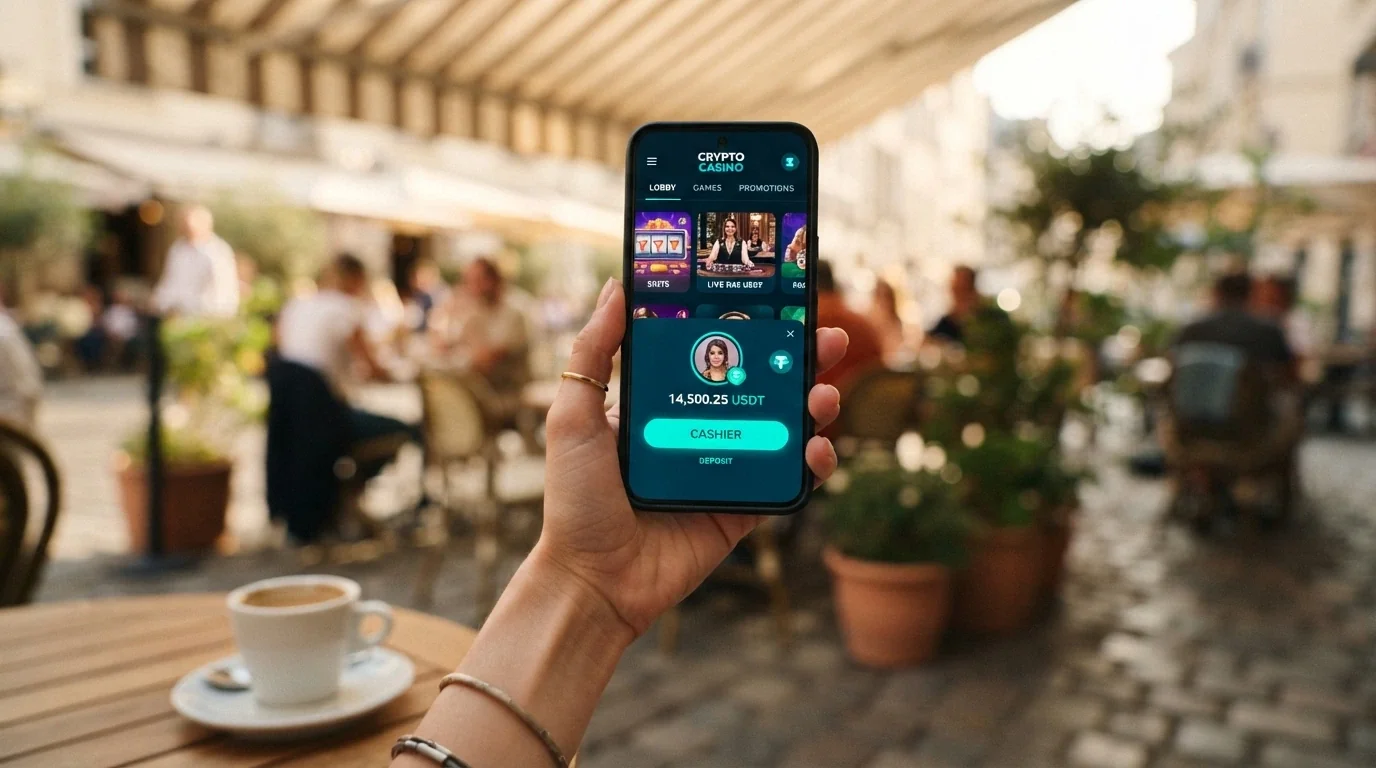 Un casinò online aperto nel browser di uno smartphone con la pagina cassa in USDT visibile sullo schermo