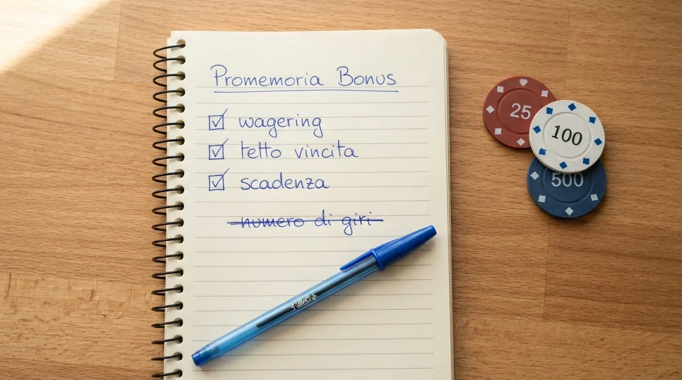 Una lista scritta a mano su un blocco note con tre voci: wagering, tetto vincita, scadenza — e sotto, in piccolo, «numero di giri»
