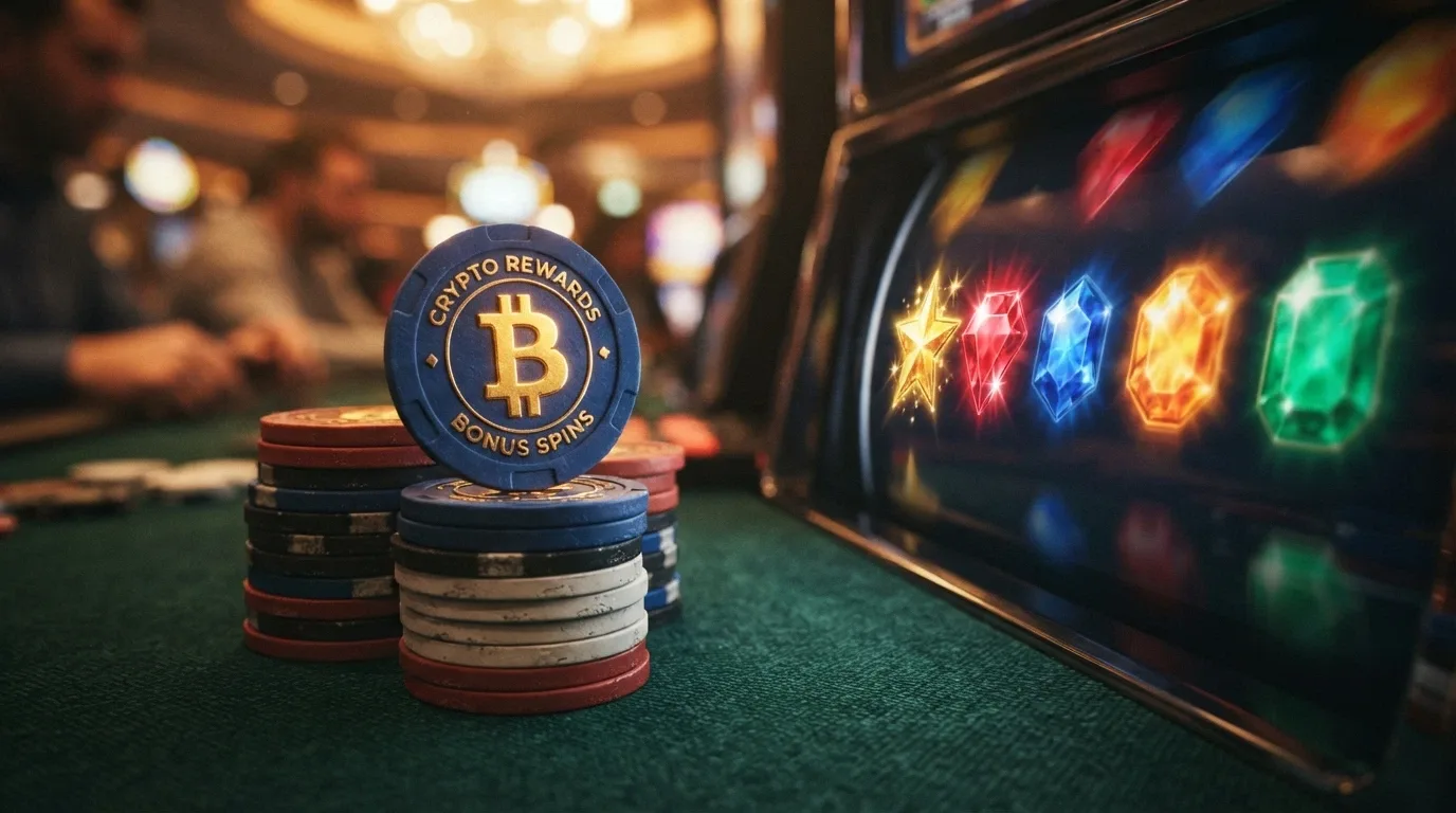 Una pila di chip da casinò con il simbolo ₿ accanto a un rullo di slot che mostra simboli gratuiti illuminati