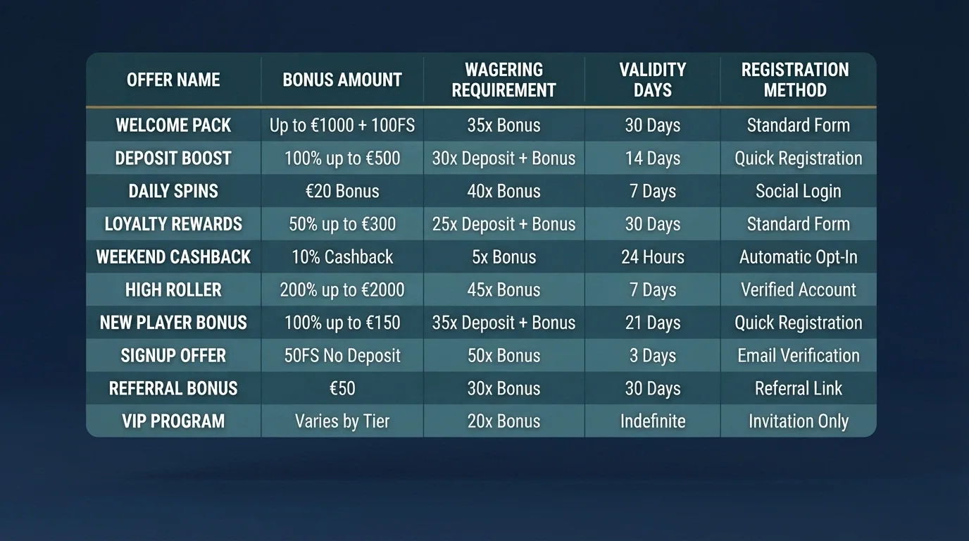 Tabella comparativa stilizzata con colonne operatore, bonus, wagering e validità