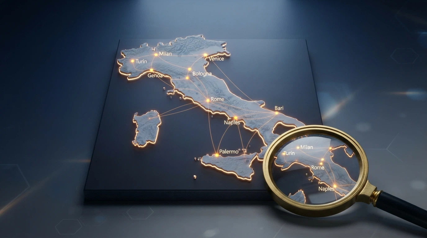 Una mappa stilizzata dell'Italia con dieci puntini luminosi che rappresentano i concessionari ADM, collegati da linee sottili a una lente di ingrandimento in primo piano