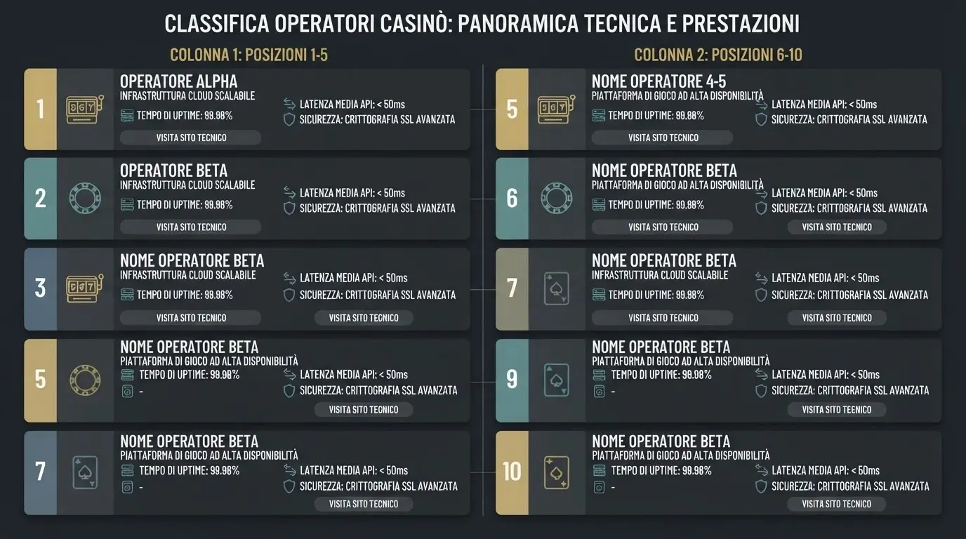 Una composizione grafica con i loghi dei 10 casinò ADM featured disposti in una griglia ordinata su sfondo scuro.