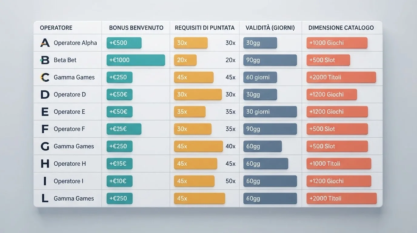 Tabella comparativa con le righe dei dieci operatori e le colonne di bonus senza deposito, rollover, validità e catalogo giochi