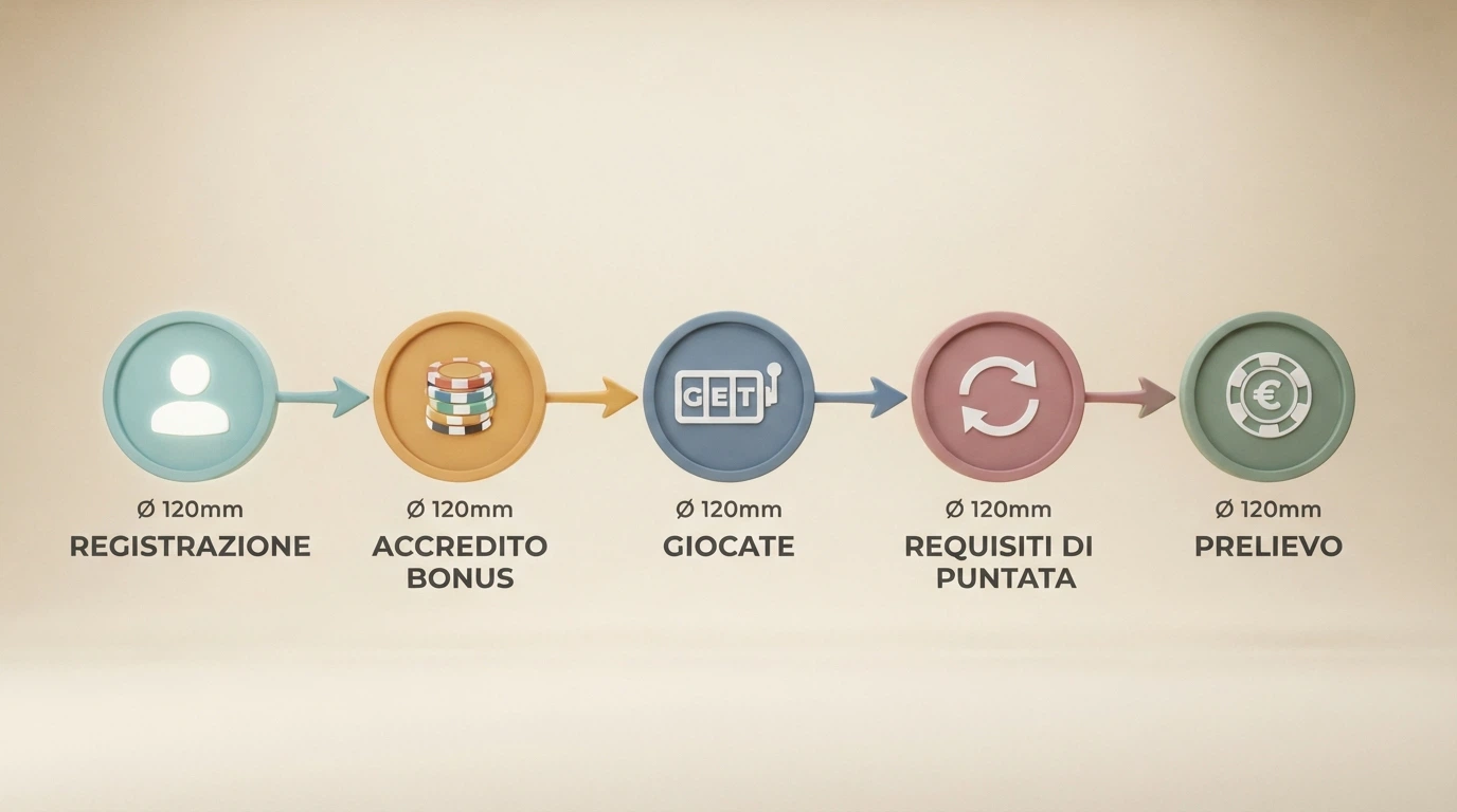 Diagramma a cinque passaggi del percorso di un bonus senza deposito: registrazione, accredito, gioco, requisiti di puntata e prelievo