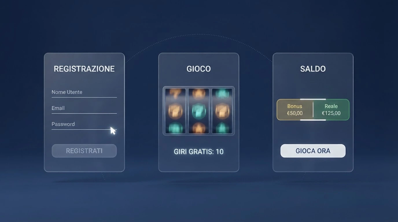 Tre fasi illustrate: registrazione su un sito ADM, schermata di accredito dei 70 giri gratis su una slot, schermata del saldo con divisione tra saldo bonus e saldo reale