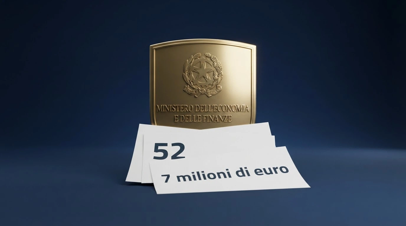 Il logo dell'Agenzia delle Dogane e dei Monopoli su uno sfondo istituzionale con documenti ufficiali e il testo «52 concessioni — 7 milioni di euro» in chiave grafica